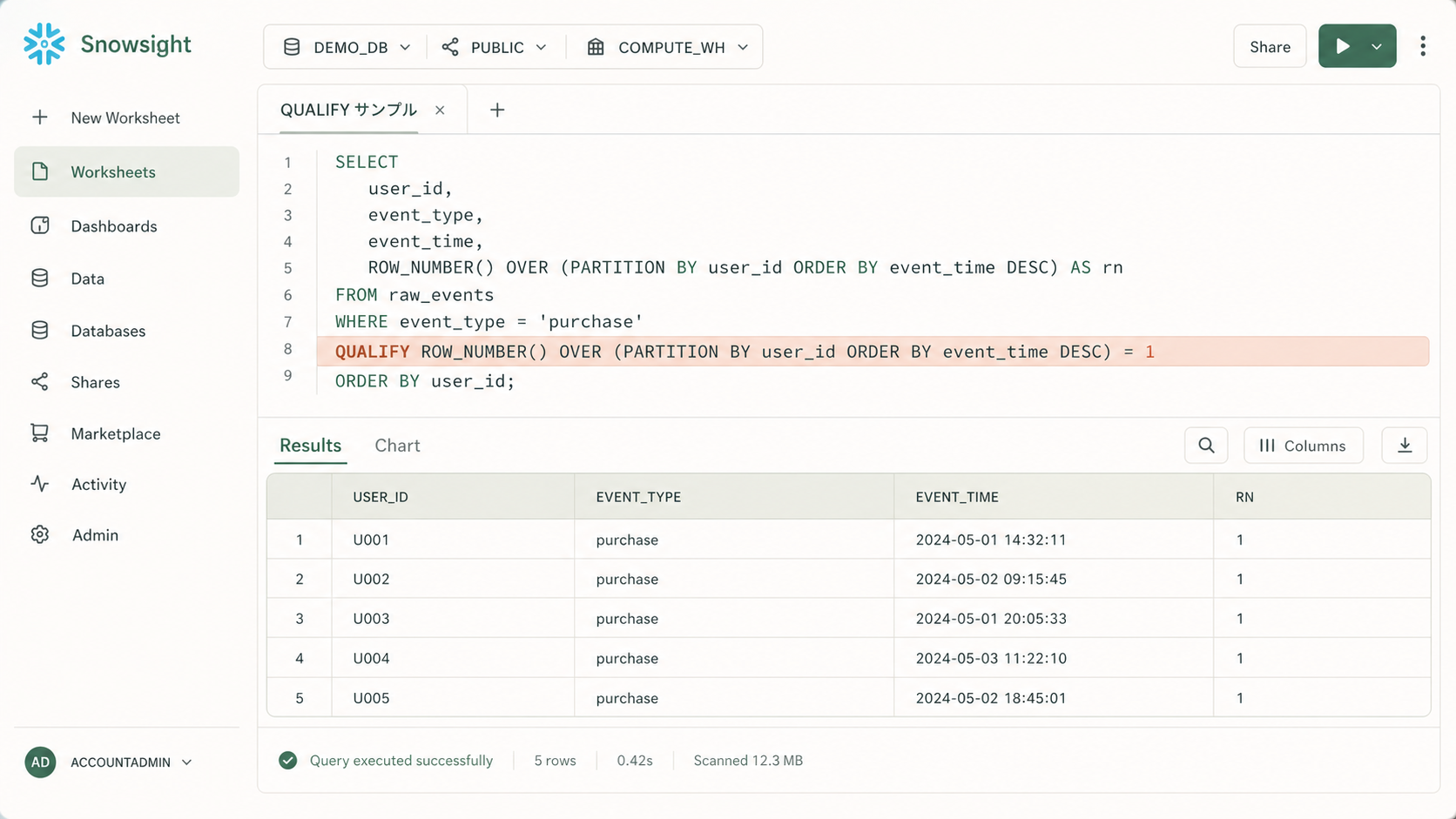 Snowflake QUALIFY句でROW_NUMBERやLAGを用い重複除去や急成長日抽出を行うSQLサンプルコード