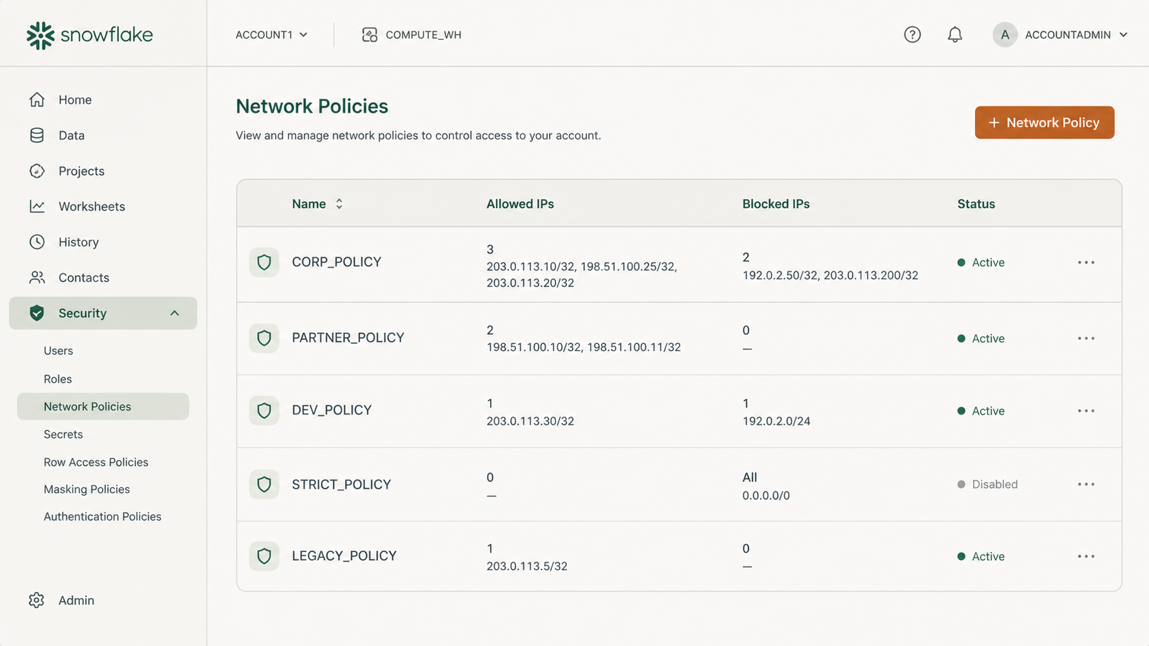 SnowflakeネットワークポリシーをALTER ACCOUNTとALTER USERでアカウントと特定ユーザーに適用するSQL設定例