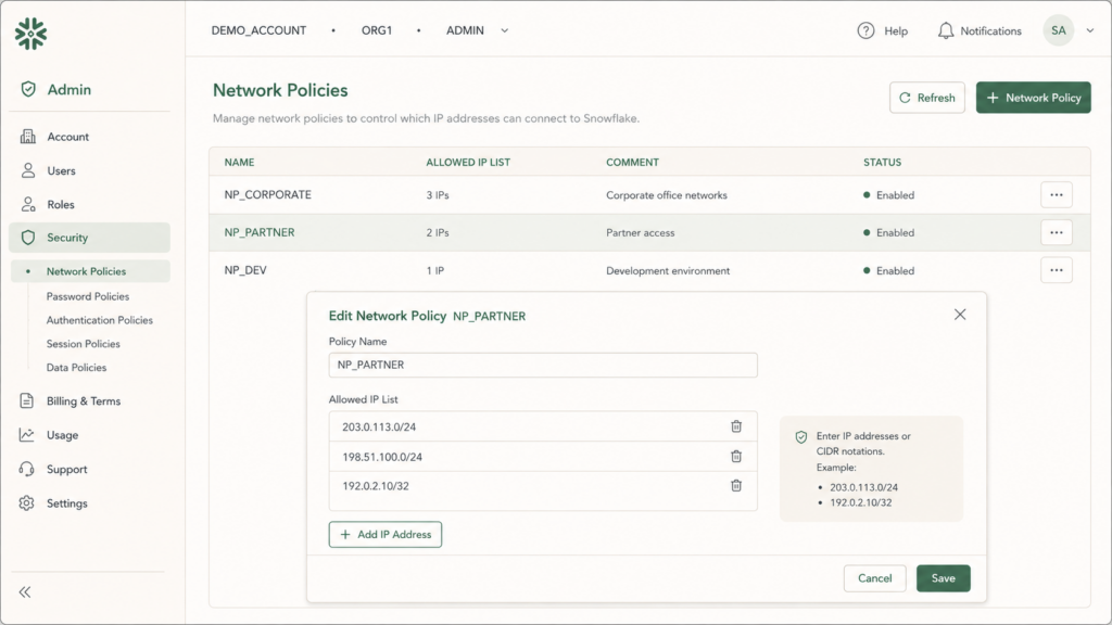 Snowflakeのネットワークポリシー階層を示す図解で、アカウントレベルよりユーザーレベルのNETWORK_POLICYが優先される仕様と、ALLOWED_IP_LISTの確認・解除手順をSnowsight操作前に整理したイメージ