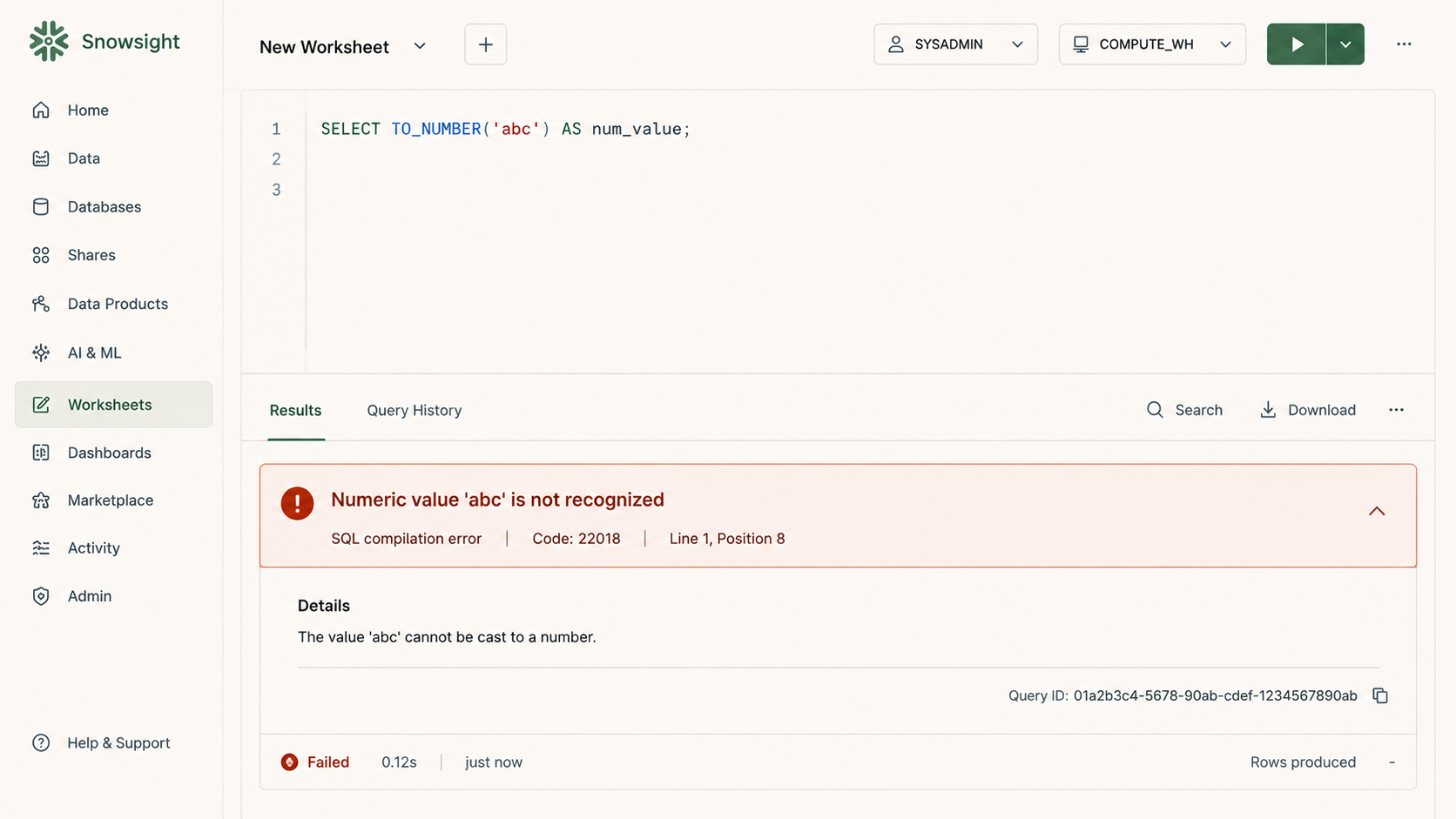 SnowsightでTRY_TO_NUMBERがNULLになる行を抽出するクエリを実行した画面のスクリーンショットで、price_strカラムに含まれる数値変換できない不正データを一覧表示し、Numeric value is not recognizedエラーの原因行を特定する手順を示した例