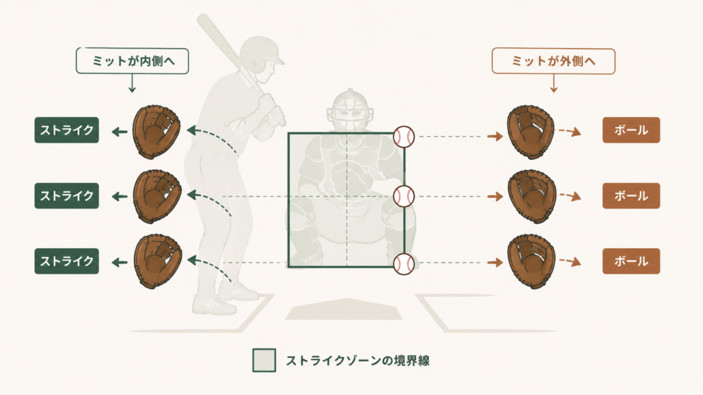 キャッチャーフレーミングの「はじめに:同じ球でも「ストライク」と「ボール」に分かれるって本当?」を解説する図