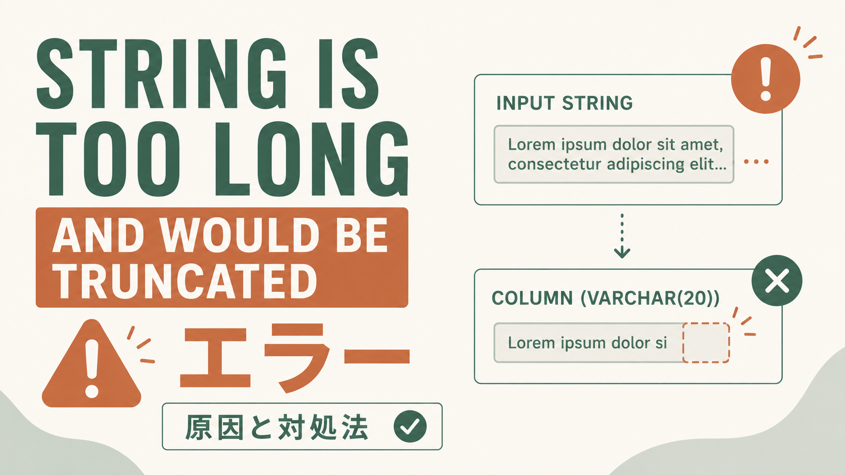 Snowflakeの「String is too long and would be truncated」エラーの解説アイキャッチ。VARCHAR長の超過原因、CASTによる文字列切り詰め、TRUNCATE設定での回避方法を初心者向けにまとめた図版