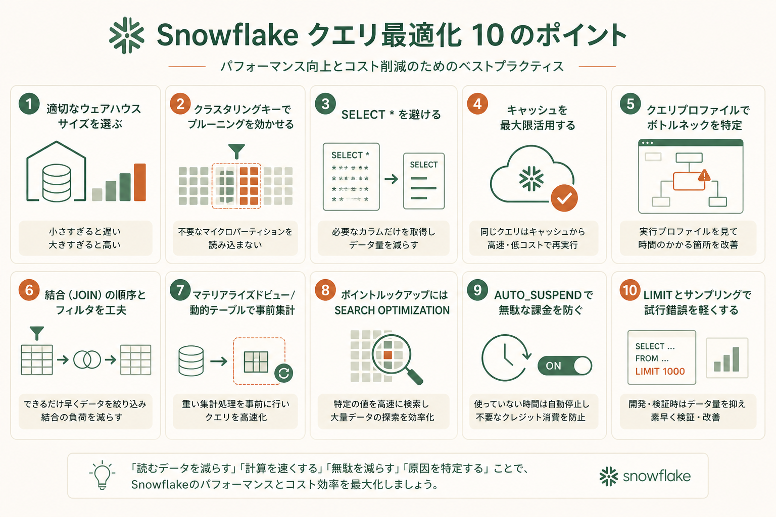 Snowflakeクエリ最適化ベストプラクティス10選|初心者向け早見ガイド