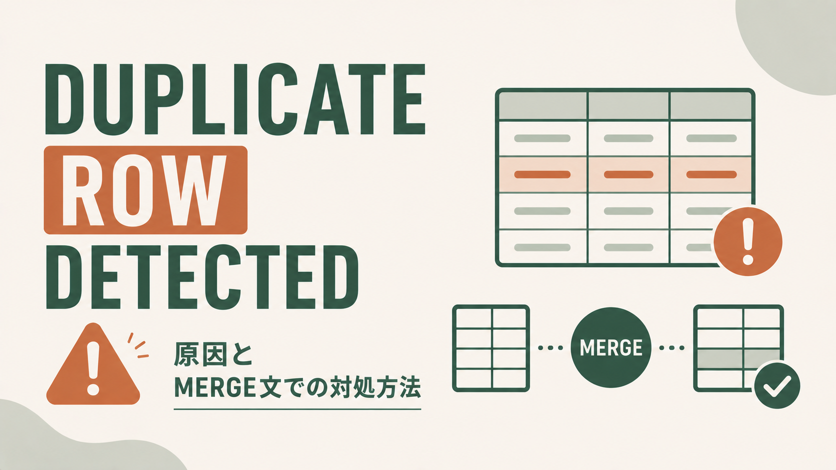 SnowflakeのMERGE文実行時に発生する「Duplicate row detected during DML action」エラー画面と原因・対処方法の解説イメージ