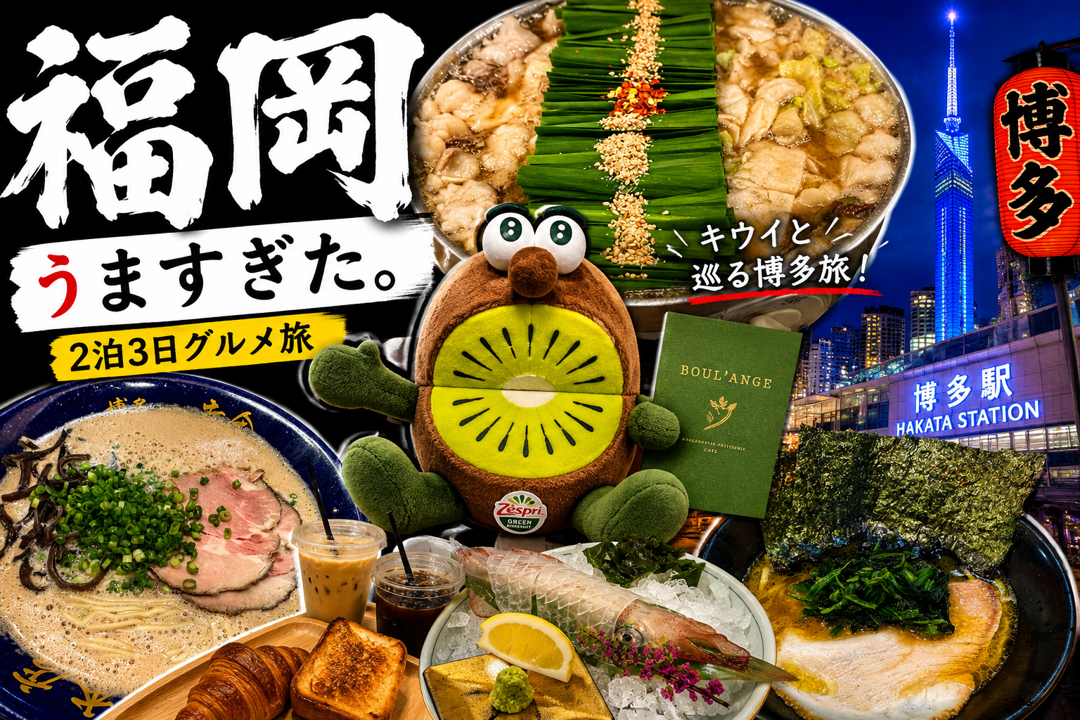 福岡博多グルメ旅の解説アイキャッチ。博多駅徒歩圏で巡る1泊2日、塩のもつ鍋仙頭と味噌の前田屋食べ比べ、泡系豚骨博多一幸舎、家系ラーメン内田家、カフェとベーカリー紹介