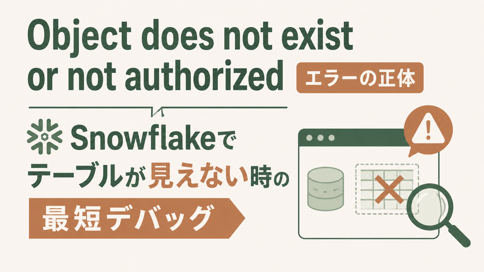 Snowflake「Object does not exist or not authorized」エラーの原因と解決法|権限・ロール・テーブル参照を確認
