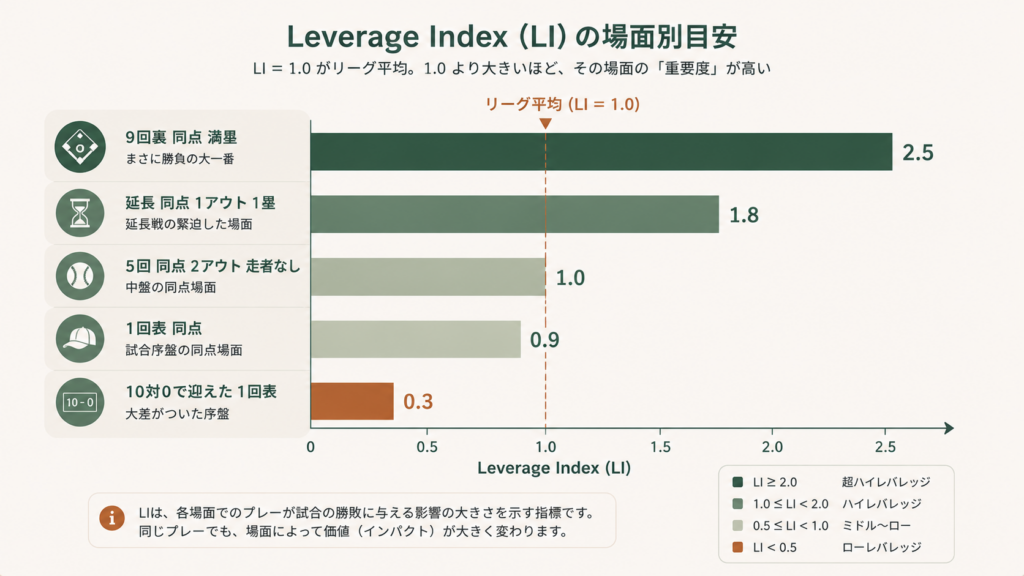 Leverage Index(LI)の概念図解で、LI=1.0を平均としハイレバレッジ・ローレバレッジ場面を比較し、9回同点満塁や大差の1回表での勝率の振れやすさ、救援投手評価に用いるpLIとの関係性をWPAと並べて整理した図