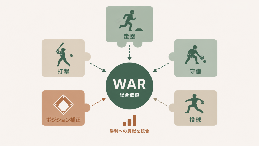 WAR(Wins Above Replacement)の「WARの構成要素と計算のイメージ」を解説する図