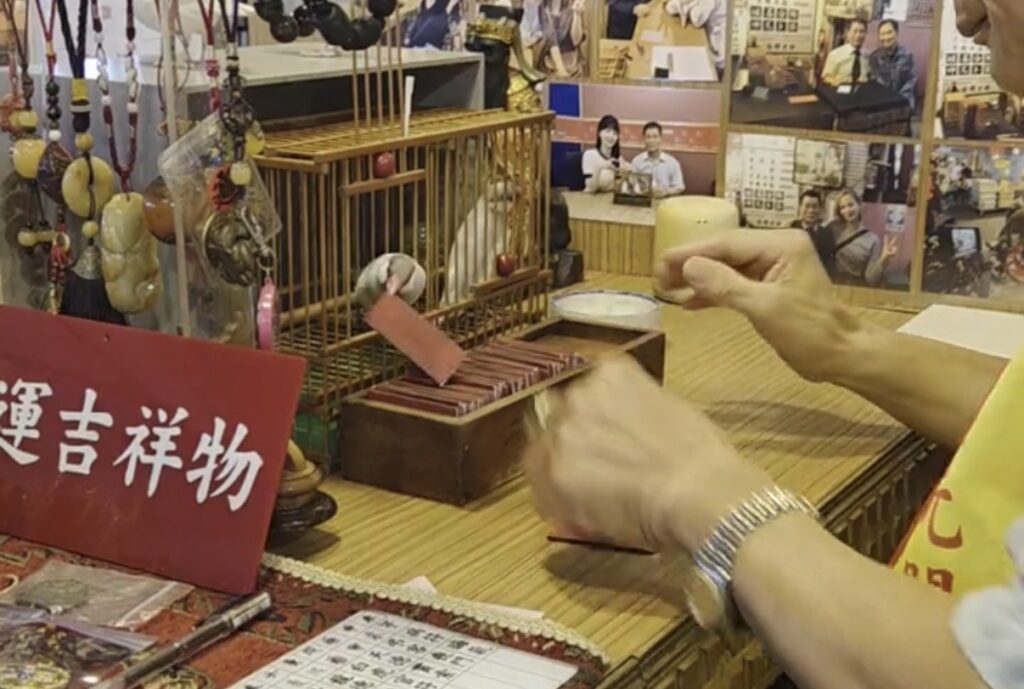 饒河街観光夜市の鳥占いで、仕事や恋愛などジャンルを選んだ後に鳥がケージから出てきてカードをくちばしで選び取る実際の様子