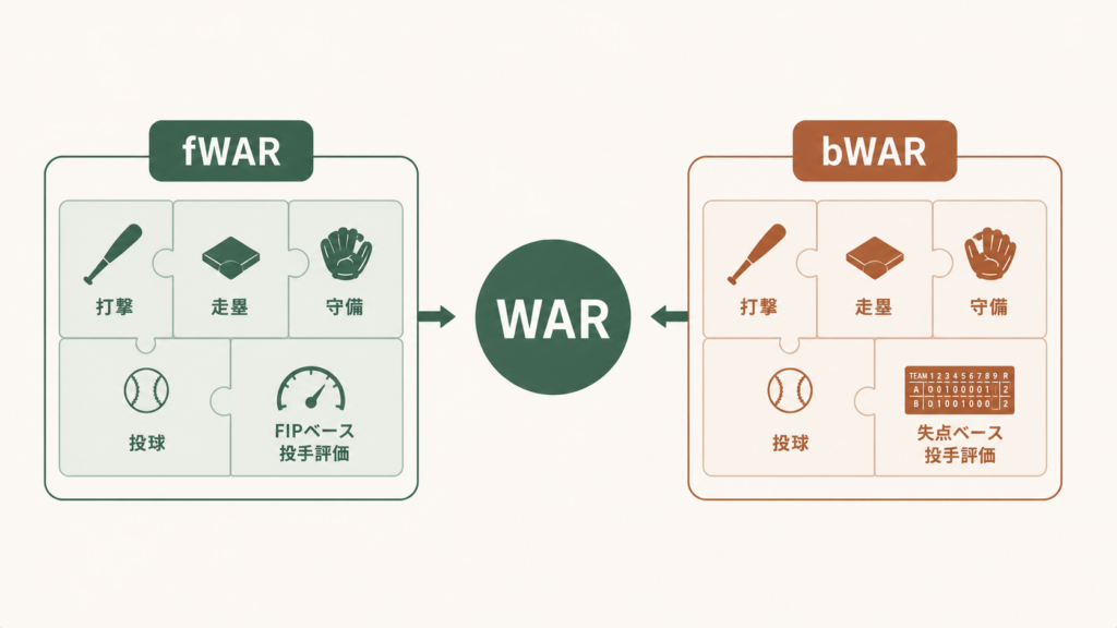 fWARとbWARの違いを示す図解で、FanGraphs版は投手評価にFIP・野手守備にFRVを採用、Baseball-Reference版は実失点ベースとDRSを用いる点を対比し、算出元の違いから数値がずれる仕組みを視覚的に整理した比較イメージ